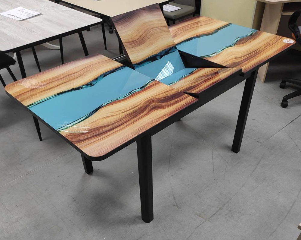 Стеклянный стол с рекой из эпоксидной смолы фотопечать 120х80 см. (арт. М4564)